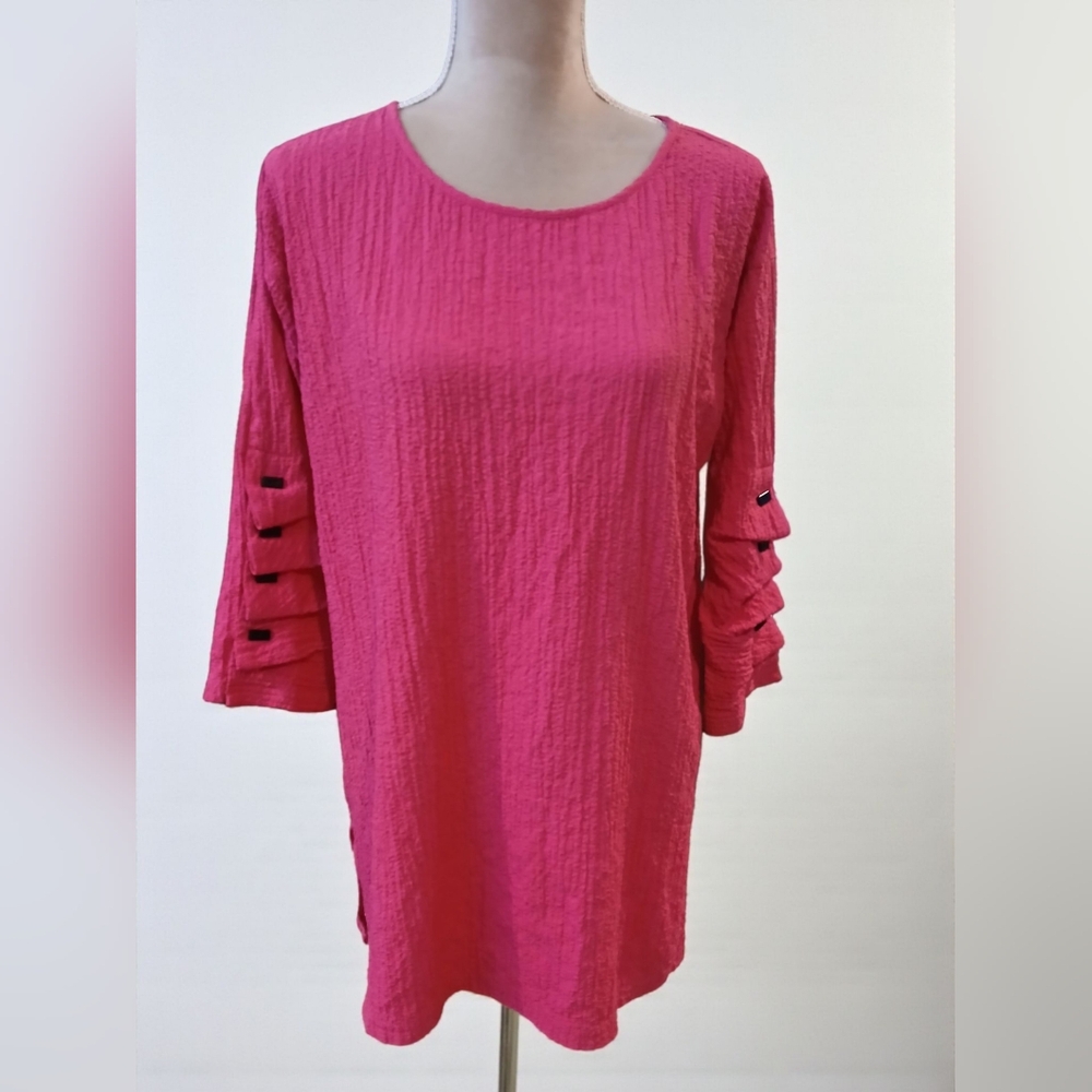 Ali Miles Pleated Gem Sleeves Art To Wear Pink Womans Lagenlook Blouse Small